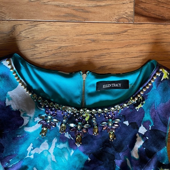 Ellen Tracy Sheath Dress Floral Gemstones Sleeveless - Picture 3 of 10